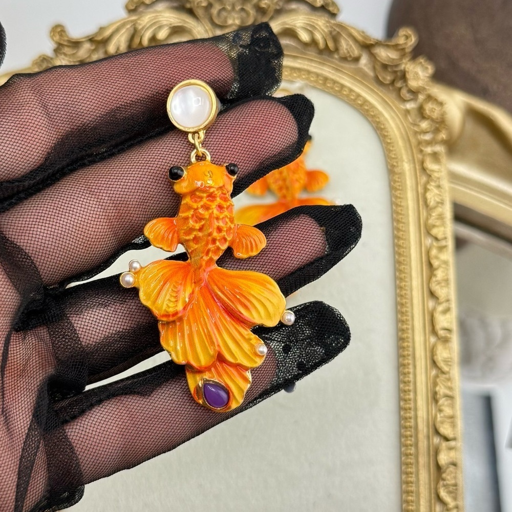 Statement Goldfish Earrings – Hand-Painted Enamel & Pearl Detail - Picture 5 of 10